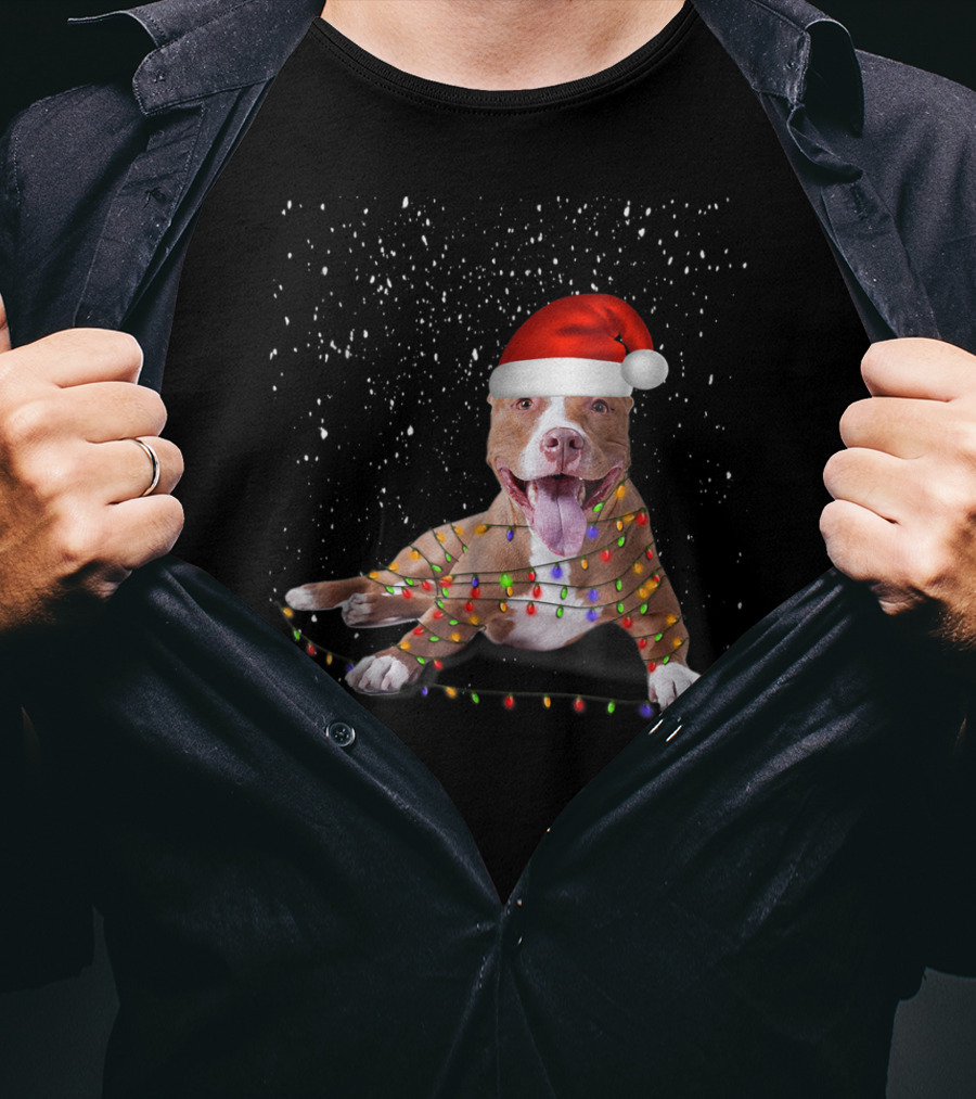 Merry Pitmas Pit Bull Christmas Dog With Santa Hat And Festive Lights T-Shirt