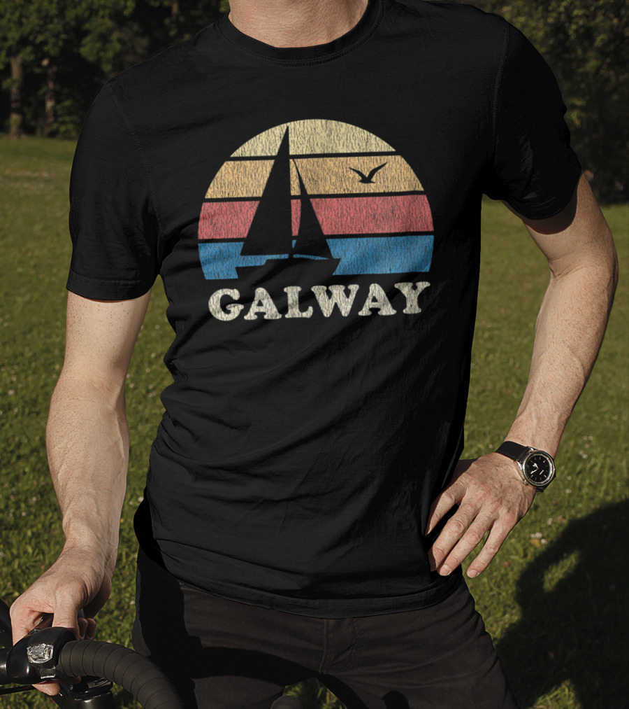Galway Vintage Sailboat 70s Sunset With Seagull T-Shirt