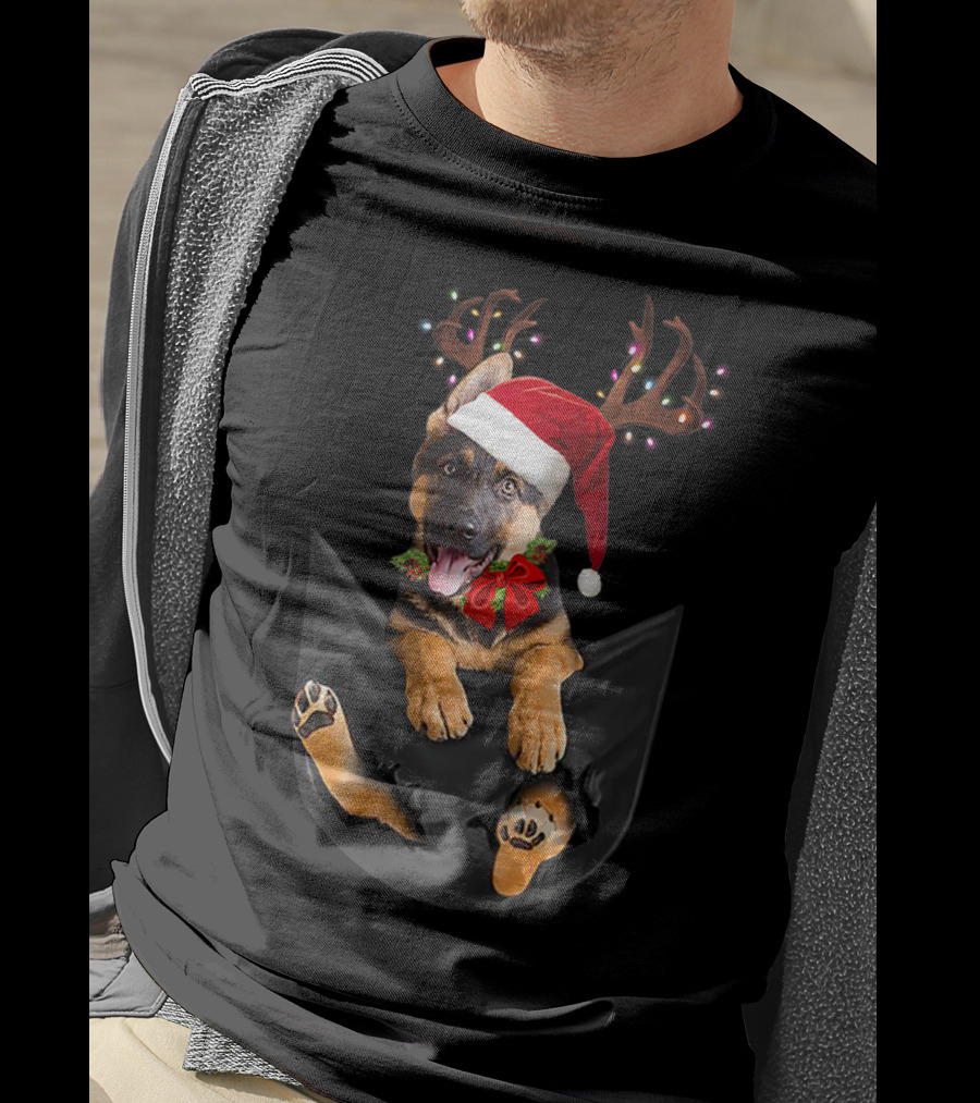 German Shepherd Christmas Dog With Santa Hat And Antlers In Your Pocket T-Shirt