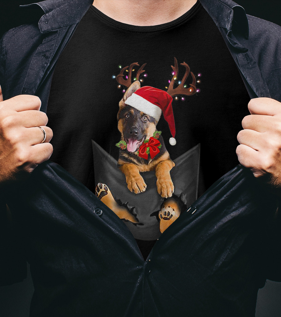 German Shepherd Christmas Dog With Santa Hat And Antlers In Your Pocket T-Shirt