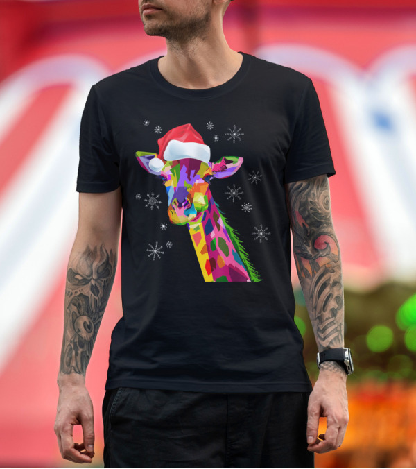Premium T-Shirt: Giraffe Christmas Santa Hat Colorful Snowflakes T-Shirt Giraffe Christmas Santa Hat Colorful Snowflakes T-Shirt