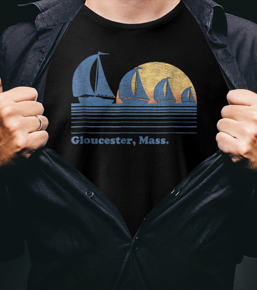 Gloucester Mass Vintage Sailboats And Sunset Scene T-Shirt