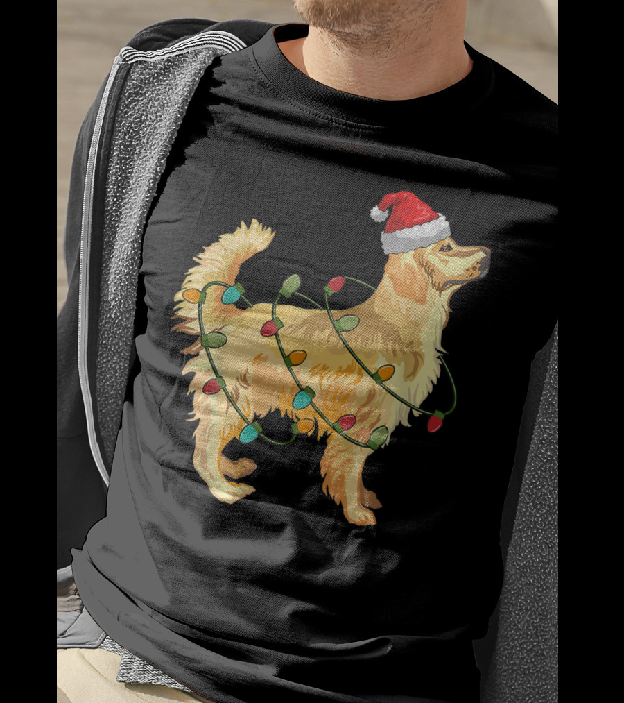 Golden Retriever With Christmas Lights And Santa Hat T-Shirt