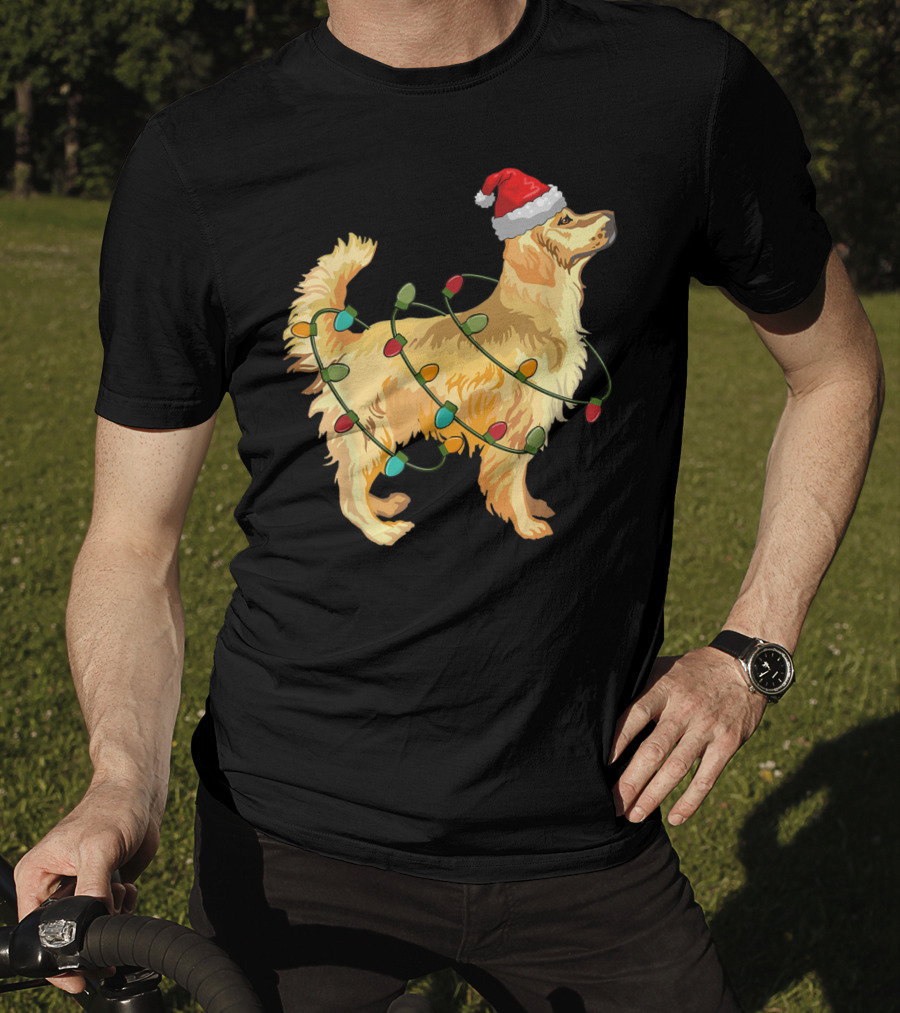 Golden Retriever With Christmas Lights And Santa Hat T-Shirt