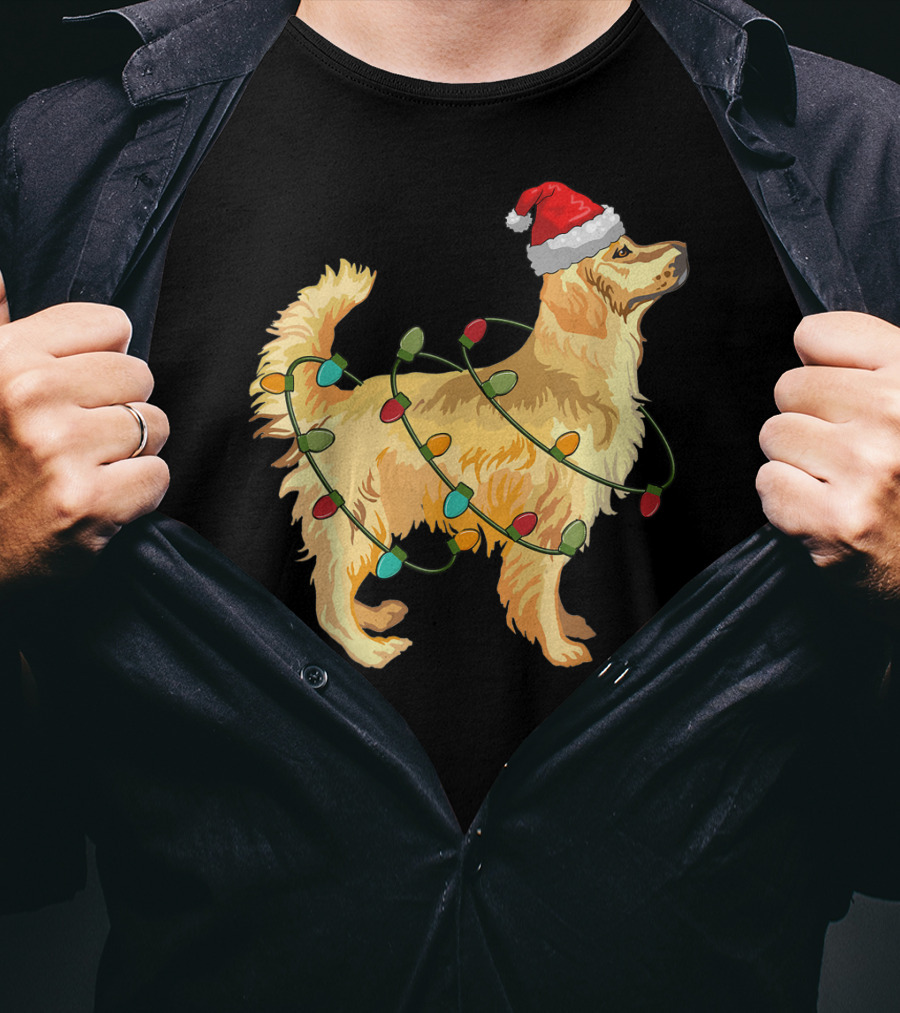Golden Retriever With Christmas Lights And Santa Hat T-Shirt
