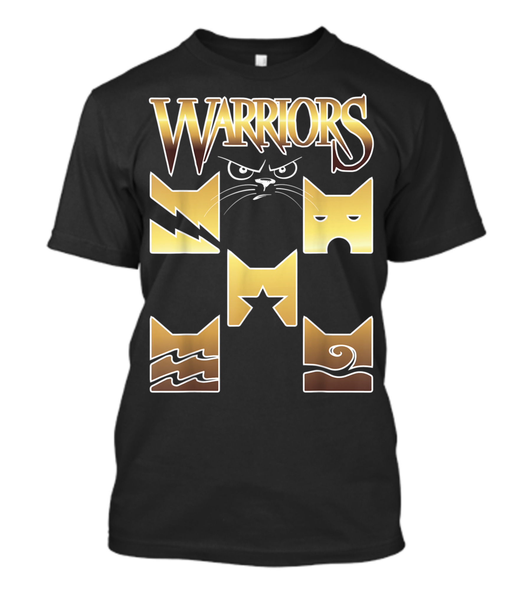 WARRIORS Golden Clan Cat Icons With Lightning, Eye, Star, Wave Symbols T-Shirt