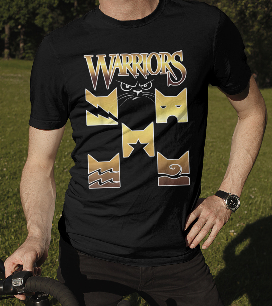 WARRIORS Golden Clan Cat Icons With Lightning, Eye, Star, Wave Symbols T-Shirt