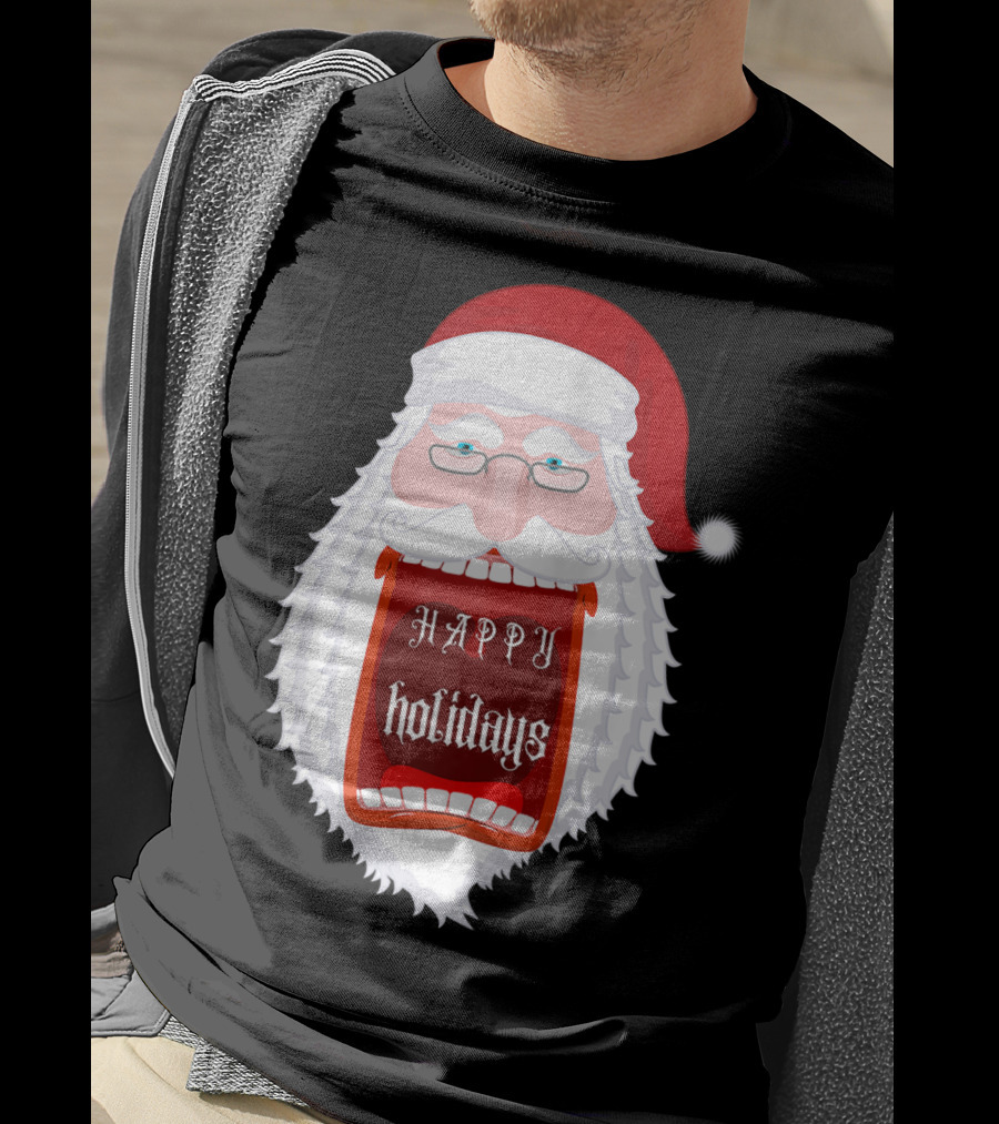 Happy Holidays Santa Zip Screaming Mouth With Glasses T-Shirt