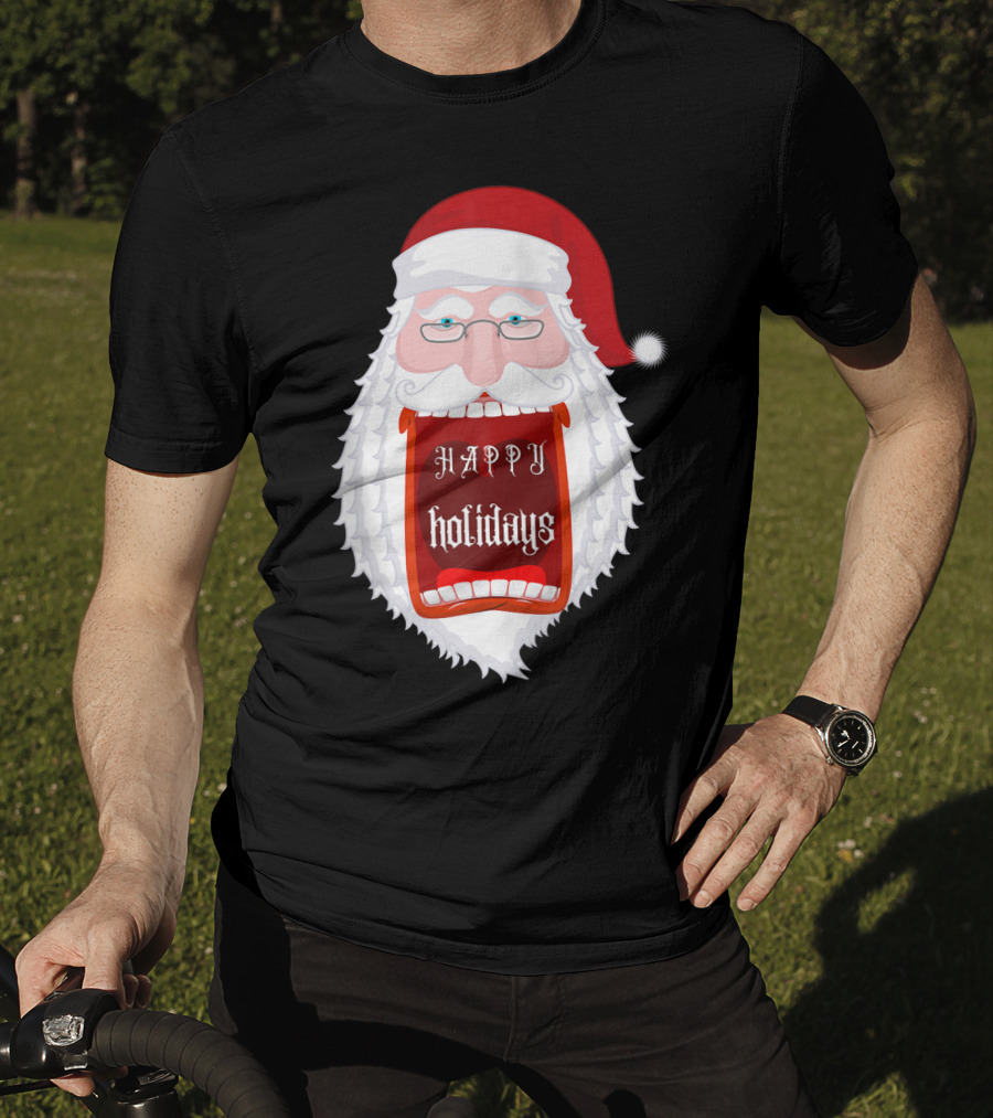 Happy Holidays Santa Zip Screaming Mouth With Glasses T-Shirt