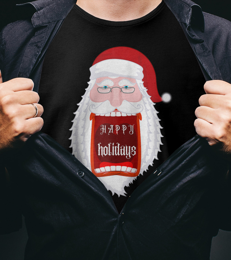 Happy Holidays Santa Zip Screaming Mouth With Glasses T-Shirt