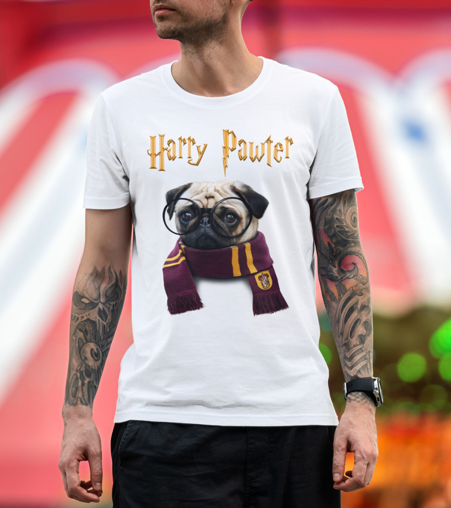Harry Pawter Cute Puggy Dogs Potte Pups Wizard Pug With Glasses And Scarf T-Shirt