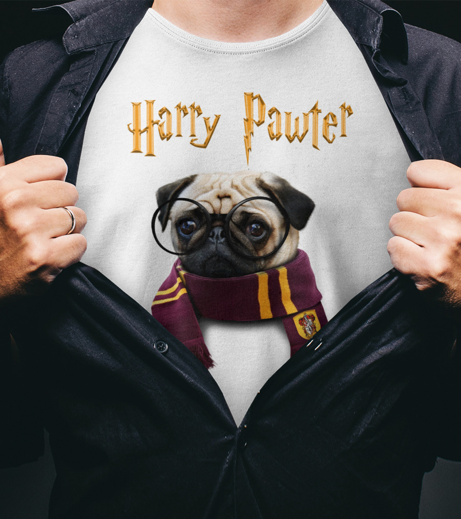 Harry Pawter Cute Puggy Dogs Potte Pups Wizard Pug With Glasses And Scarf T-Shirt
