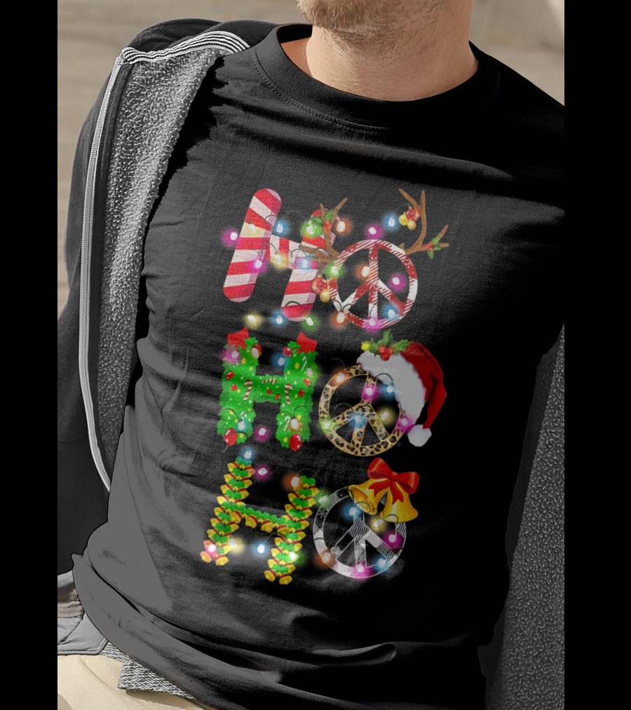 Ho Ho Ho Christmas Light Peace Sign Reindeer Santa Hat T-Shirt