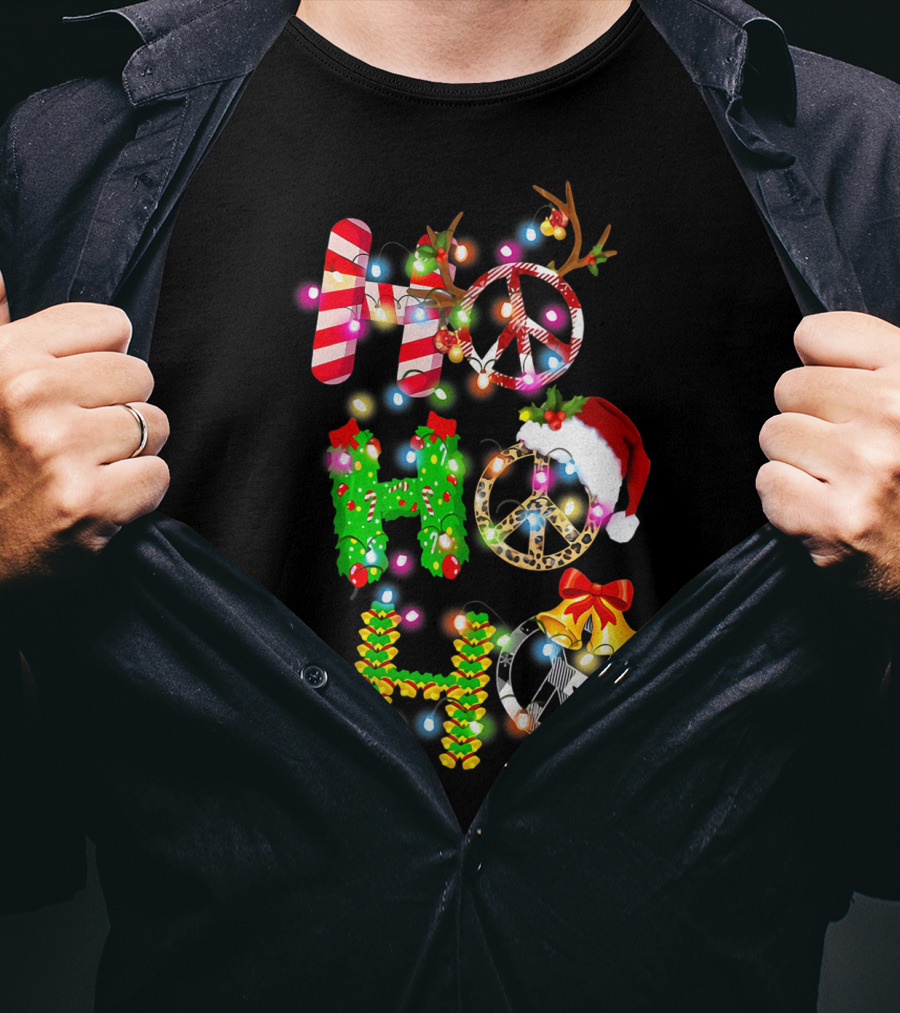 Ho Ho Ho Christmas Light Peace Sign Reindeer Santa Hat T-Shirt