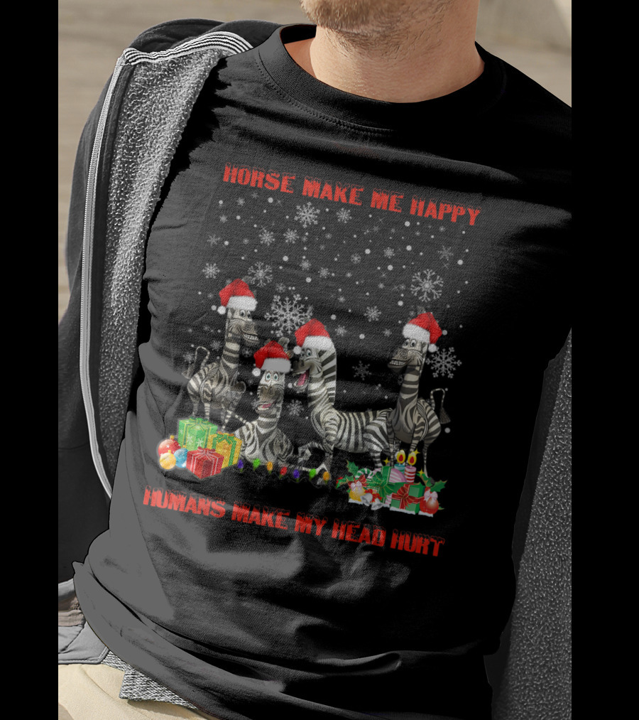Horse Make Me Happy Humans Make My Head Hurt Christmas Zebra Snowflakes Santa Hats T-Shirt