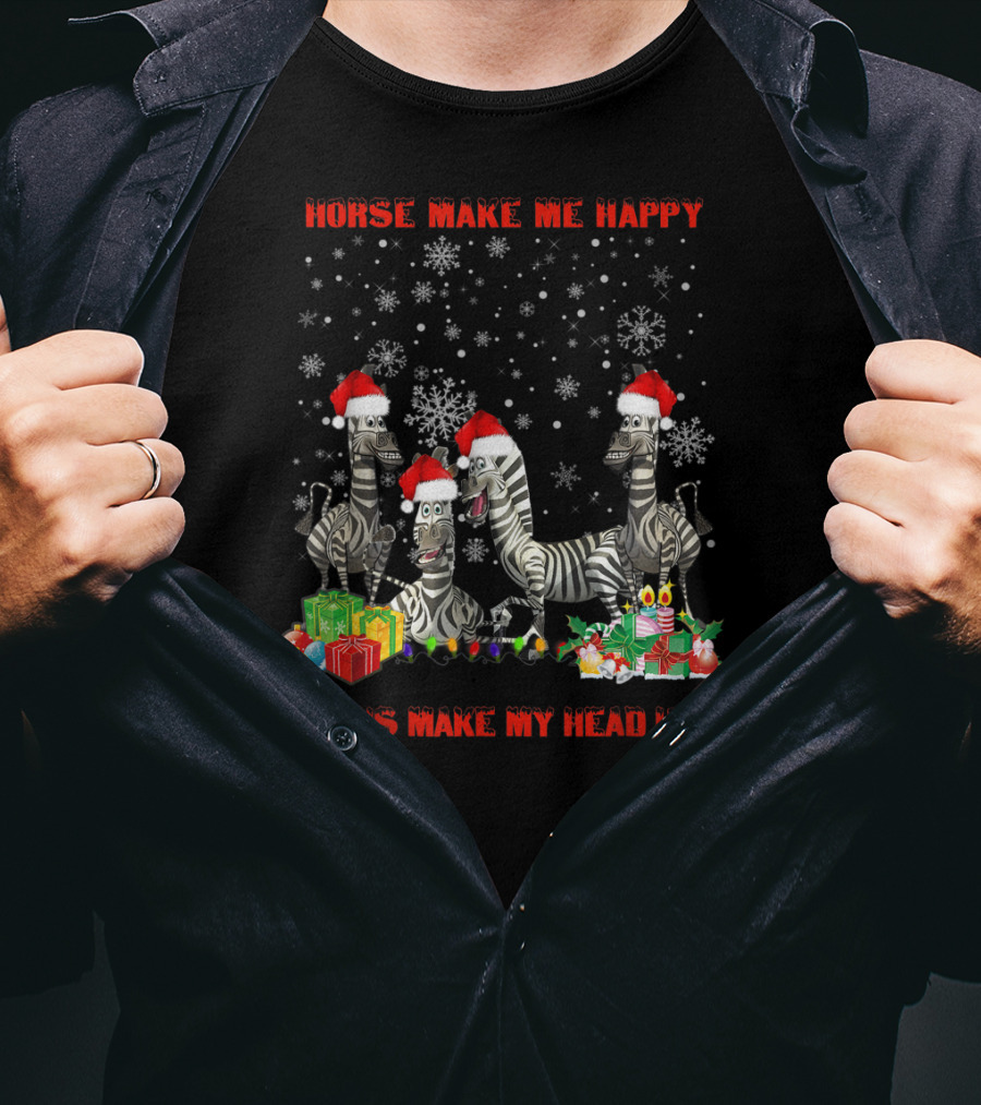 Horse Make Me Happy Humans Make My Head Hurt Christmas Zebra Snowflakes Santa Hats T-Shirt
