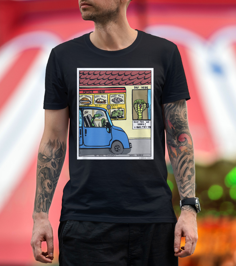Hungry Snake Drives Through Reptile Lover Comic with Rat Sandwich and Frogs Legs T-Shirt