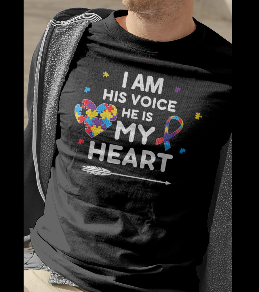 I Am His Voice He Is My Heart Puzzle Piece Ribbon Autism Awareness T-Shirt
