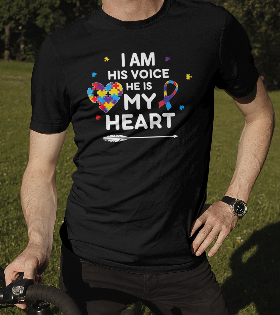 I Am His Voice He Is My Heart Puzzle Piece Ribbon Autism Awareness T-Shirt