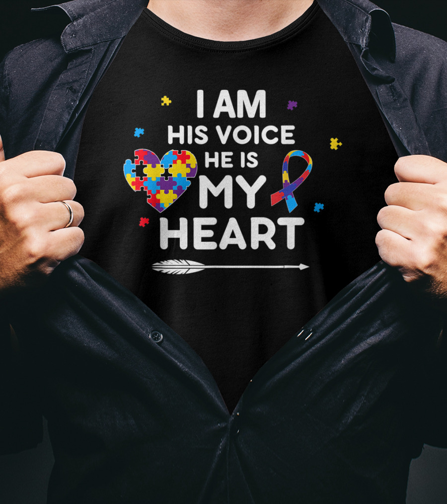 I Am His Voice He Is My Heart Puzzle Piece Ribbon Autism Awareness T-Shirt