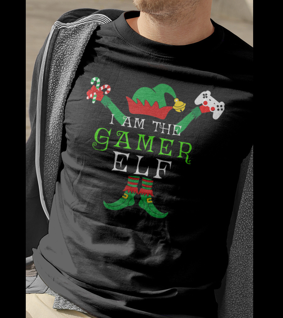 I Am The Gamer Elf With Candy Cane And Game Controller T-Shirt