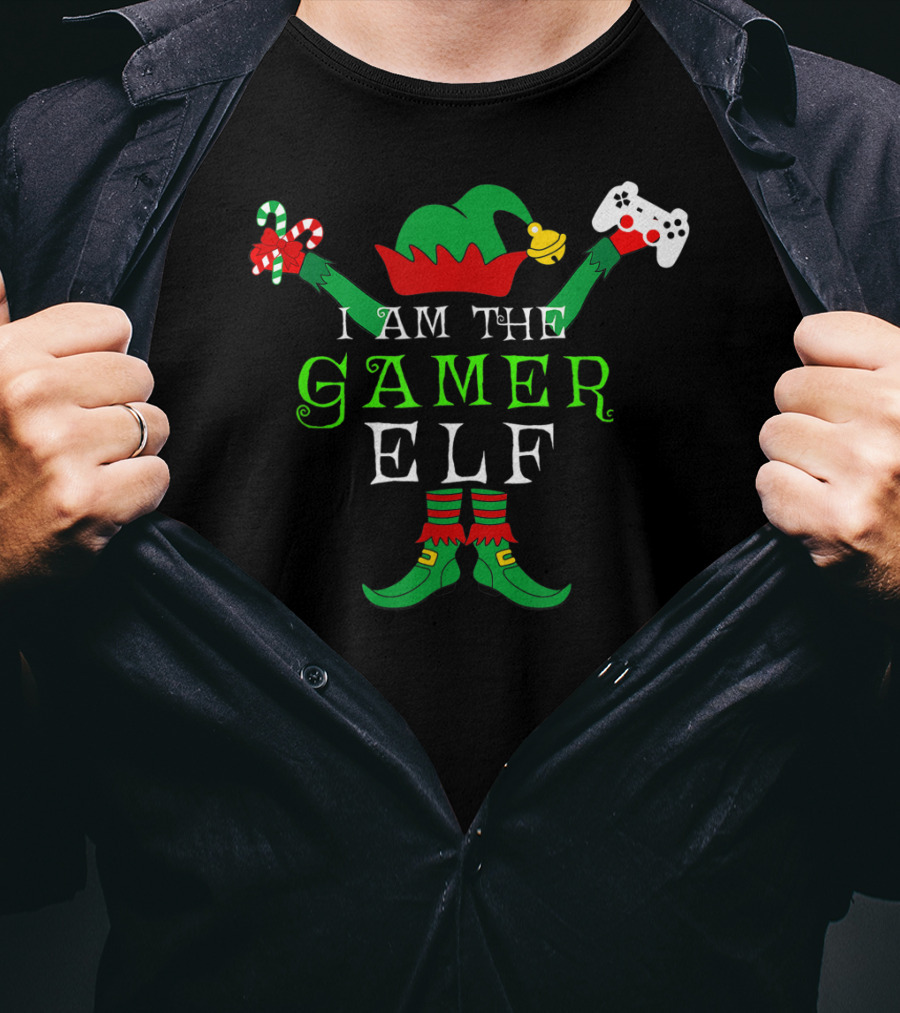 I Am The Gamer Elf With Candy Cane And Game Controller T-Shirt