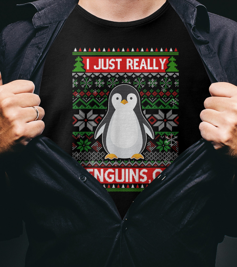 I Just Really Like Penguins, OK Ugly Christmas Sweater Style With Cute Penguin And Festive T-Shirt