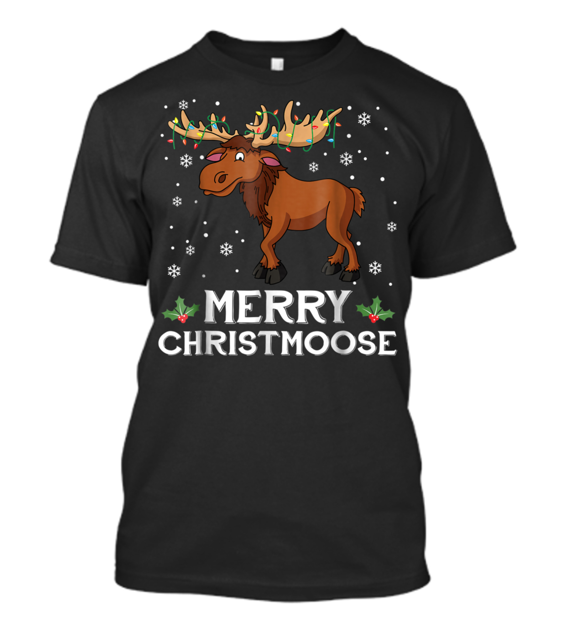 Merry Christmoose Moose With Christmas Lights And Snowflakes T-Shirt