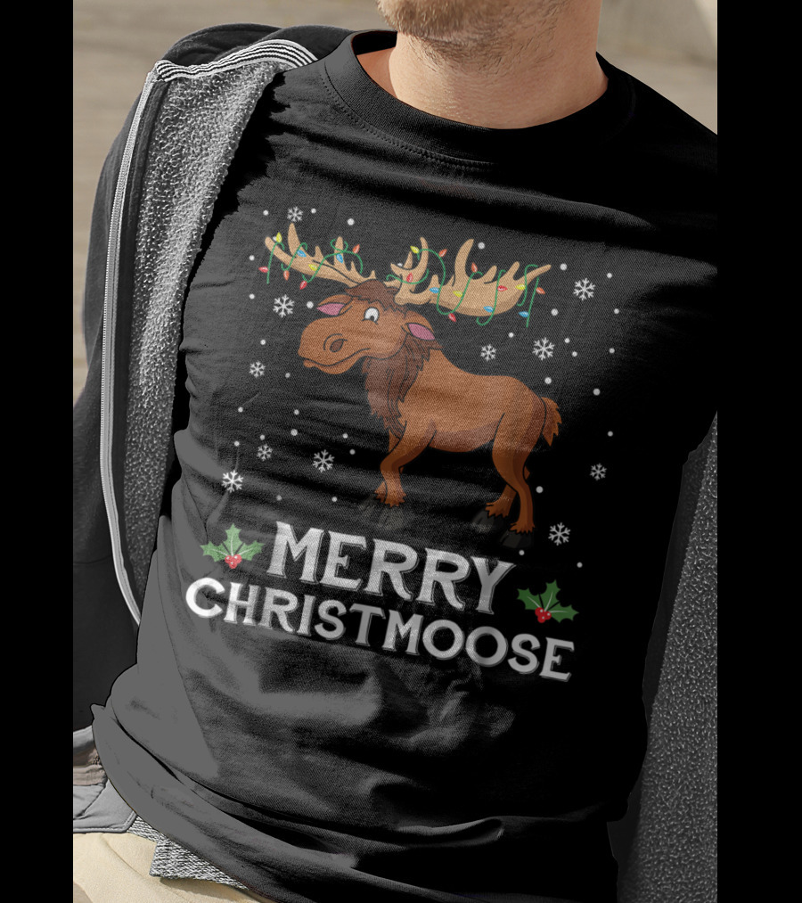 Merry Christmoose Moose With Christmas Lights And Snowflakes T-Shirt