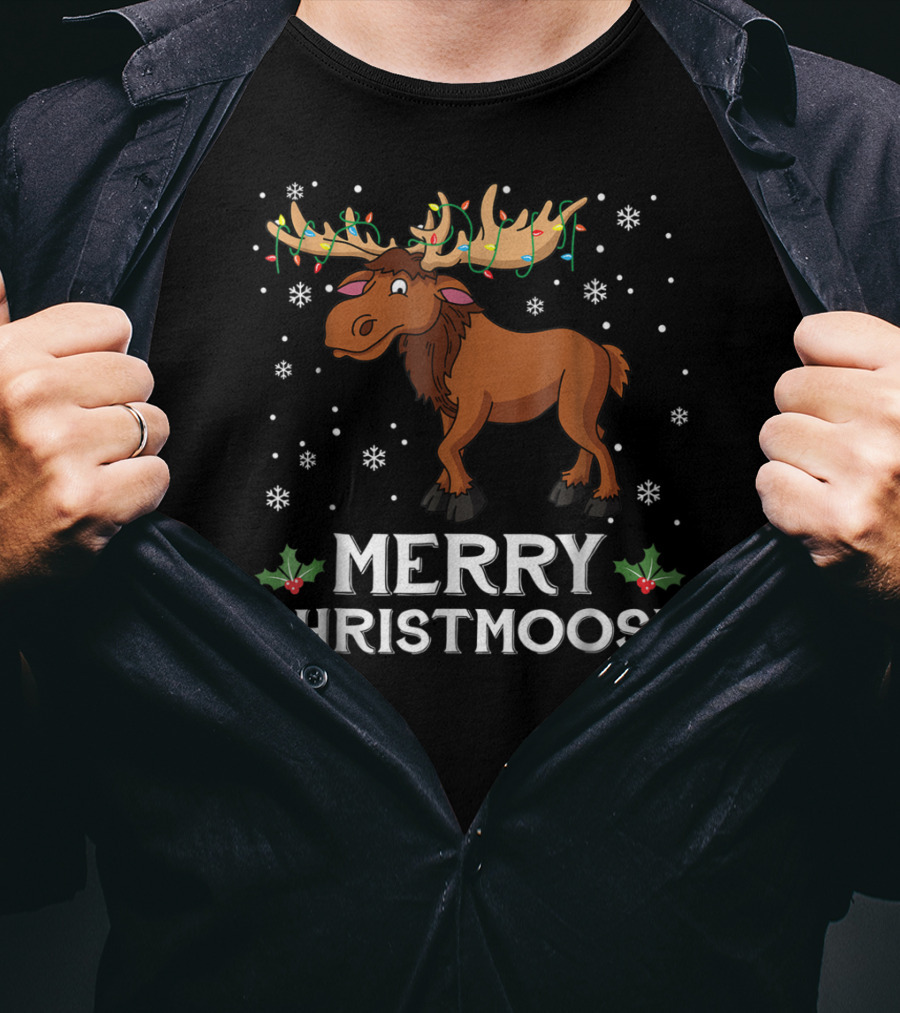 Merry Christmoose Moose With Christmas Lights And Snowflakes T-Shirt