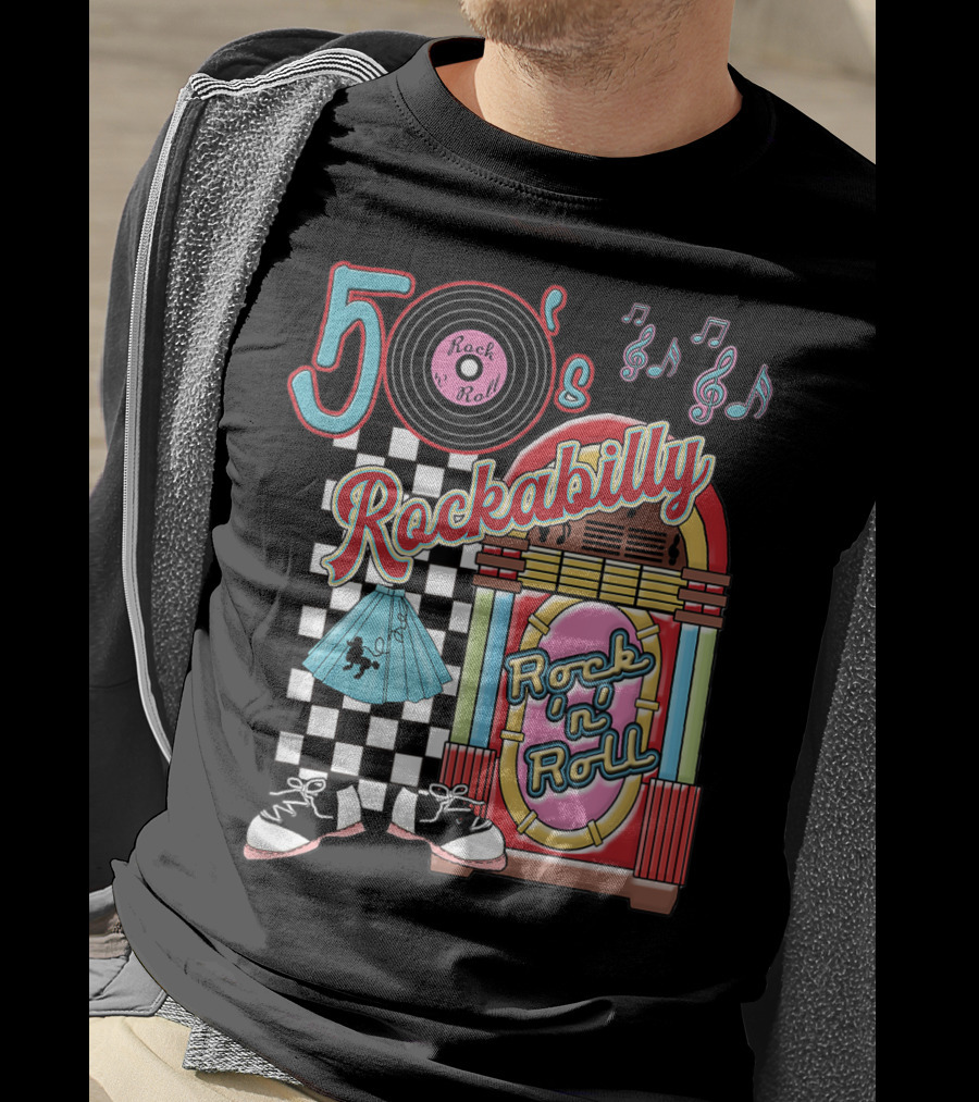 50's Rock N Roll Rockabilly Jukebox And Checkered Dance Floor T-Shirt