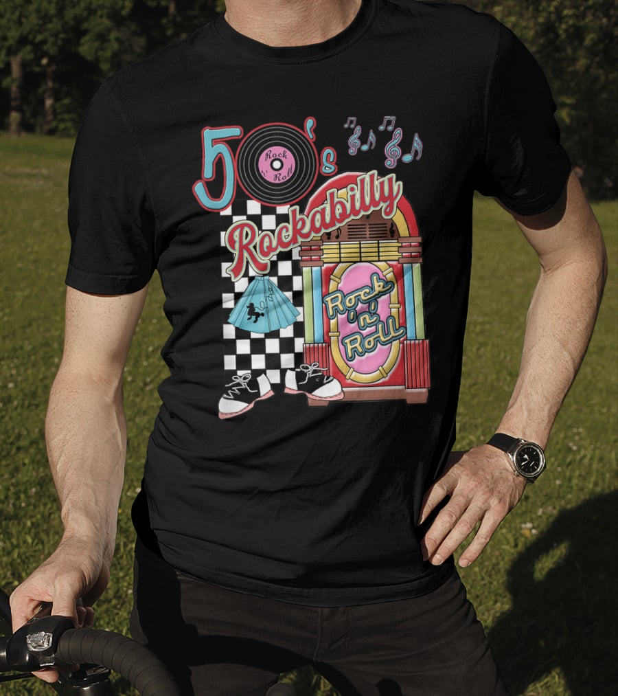 50's Rock N Roll Rockabilly Jukebox And Checkered Dance Floor T-Shirt