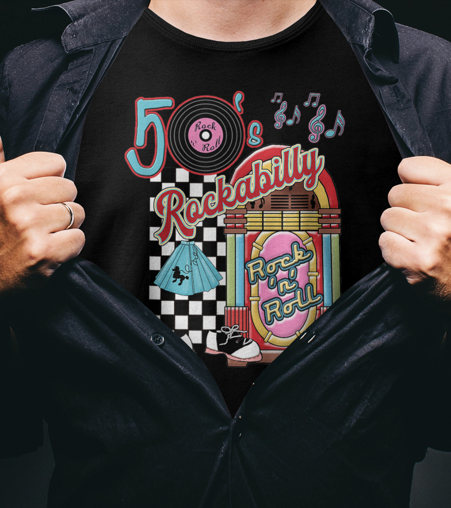 50's Rock N Roll Rockabilly Jukebox And Checkered Dance Floor T-Shirt