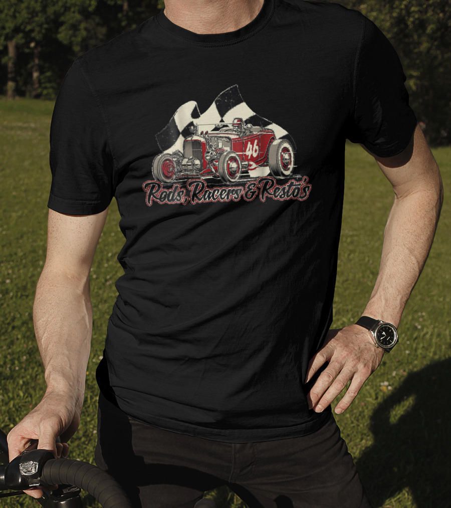 Rods Racers Resto's Vintage Hot Rod 46 Checkered Flag T-Shirt