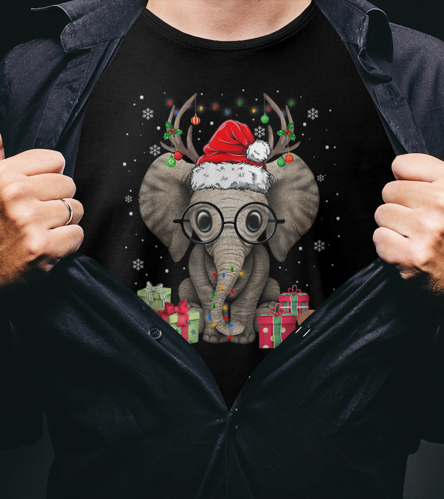Christmas Cute Elephant Santa Reindeer With Gifts And Snowflakes T-Shirt