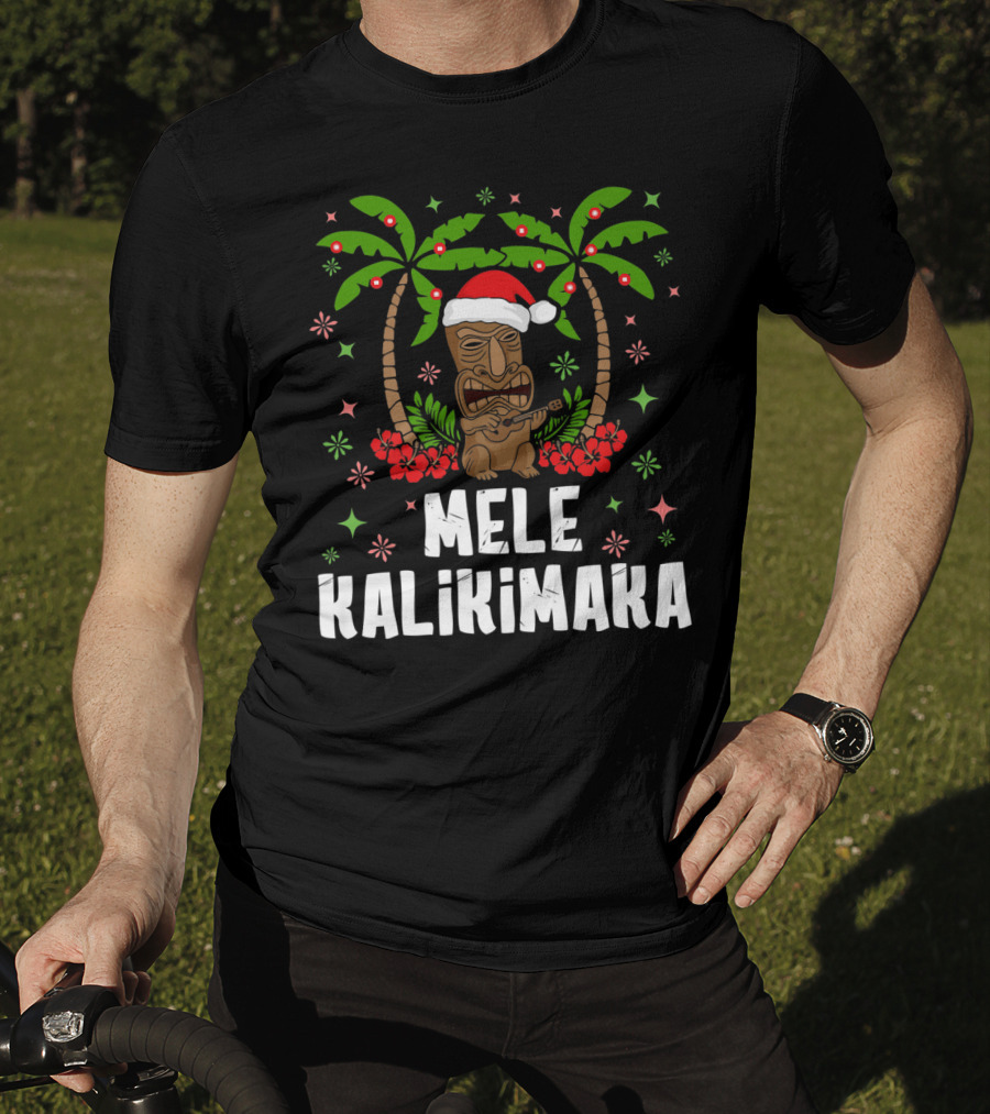 Mele Kalikimaka Santa Tiki Hawaiian Christmas Palms T-Shirt
