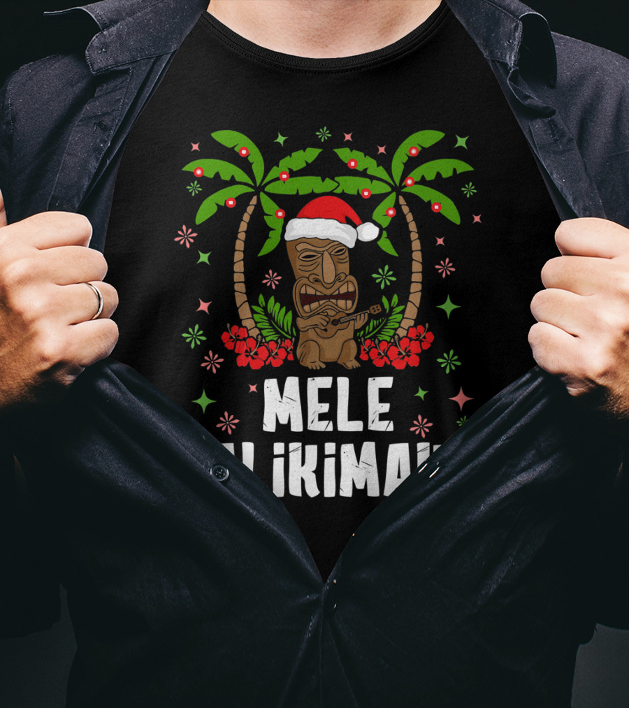 Mele Kalikimaka Santa Tiki Hawaiian Christmas Palms T-Shirt