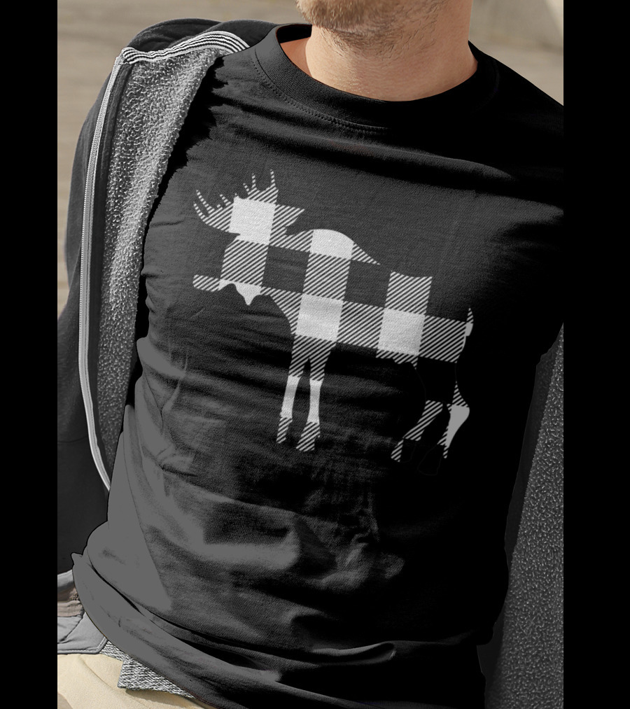 Classic White Black Buffalo Plaid Moose Christmas T-Shirt