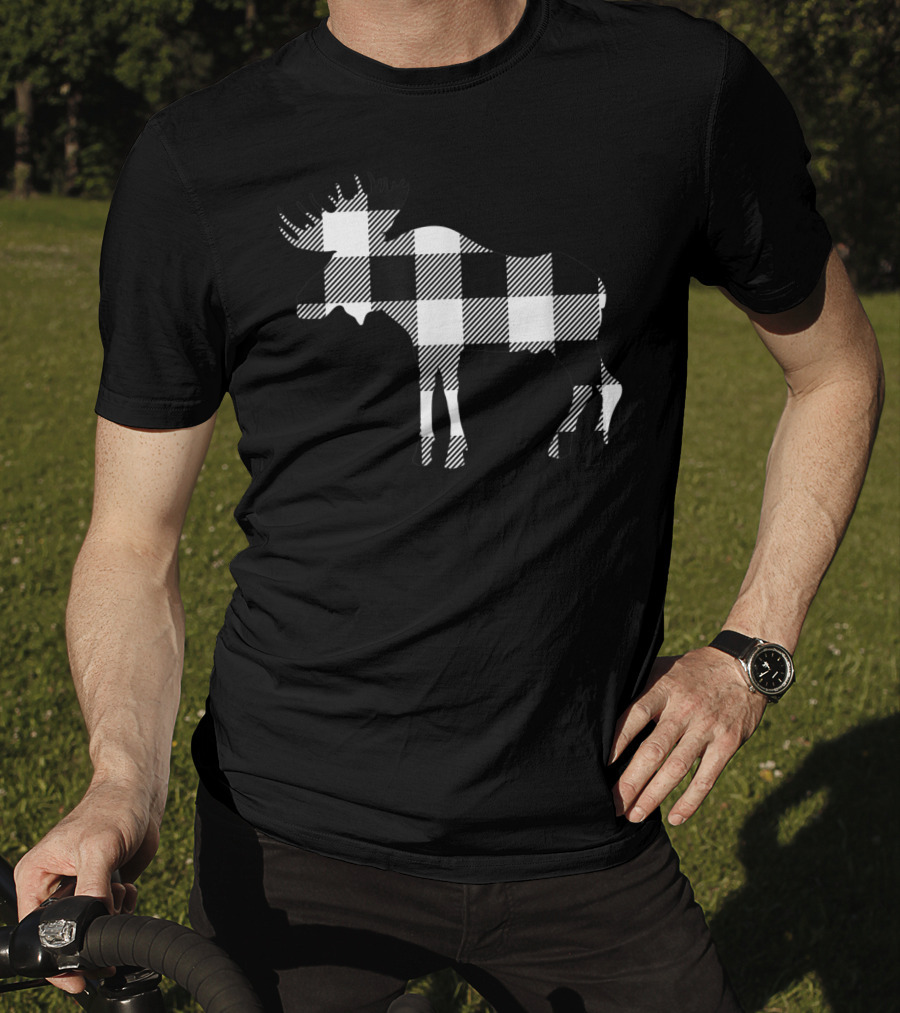 Classic White Black Buffalo Plaid Moose Christmas T-Shirt