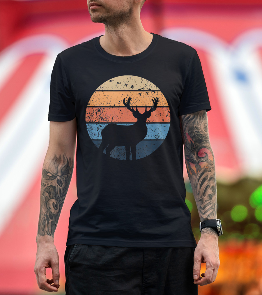 Deer Hunters Vintage Sunset Silhouette with Flying Birds T-Shirt