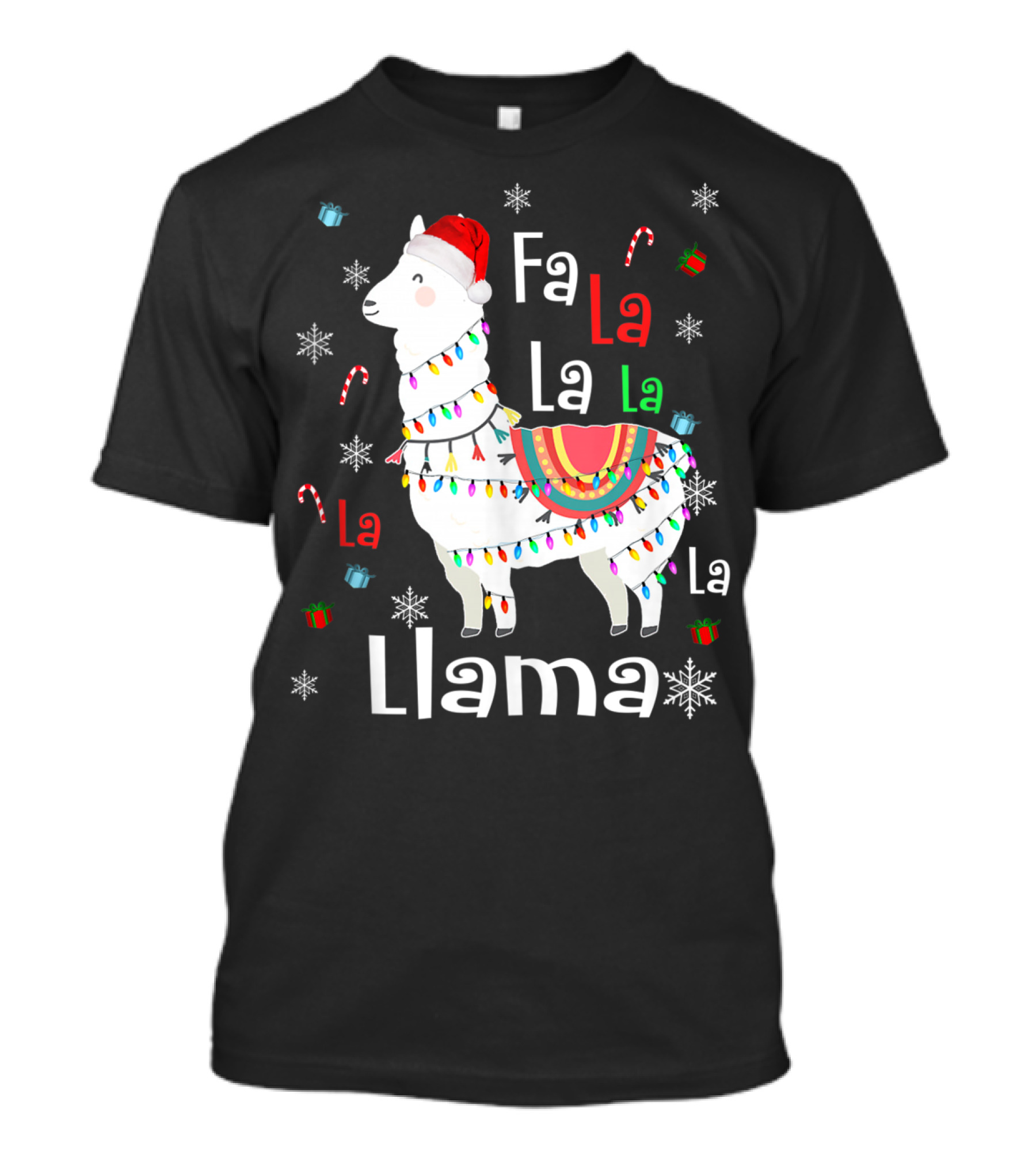 Fa La La Llama Llama Christmas Lights And Santa Hat With Candy Canes Snowflakes And Presents T-Shirt