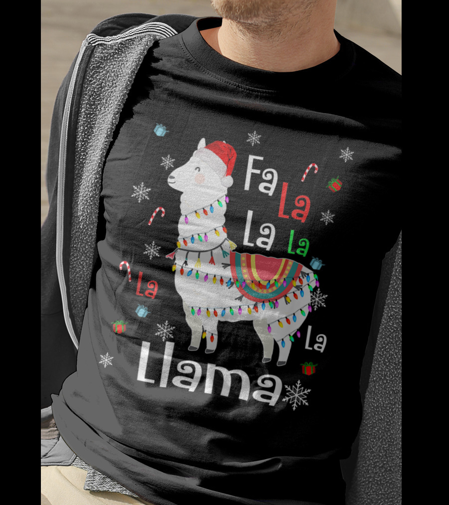 Fa La La Llama Llama Christmas Lights And Santa Hat With Candy Canes Snowflakes And Presents T-Shirt