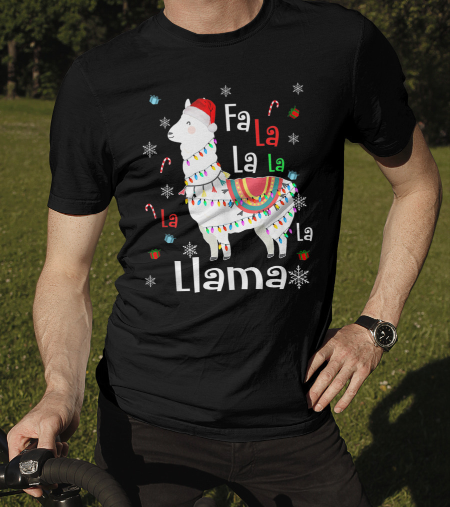 Fa La La Llama Llama Christmas Lights And Santa Hat With Candy Canes Snowflakes And Presents T-Shirt