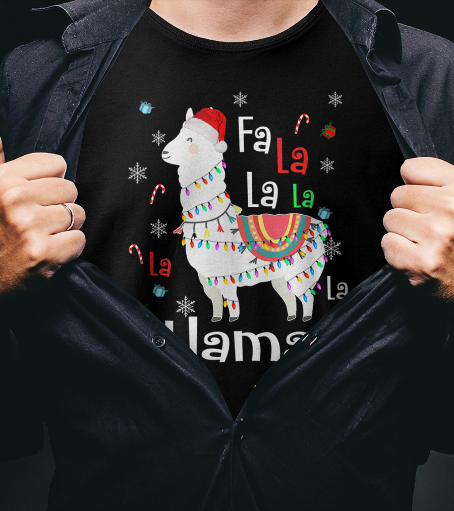 Fa La La Llama Llama Christmas Lights And Santa Hat With Candy Canes Snowflakes And Presents T-Shirt