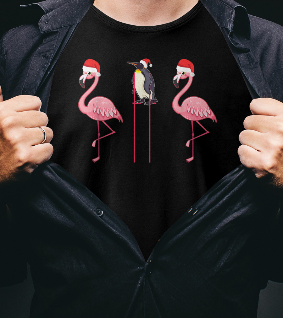 Flamingoes And Penguin With Santa Hats T-Shirt