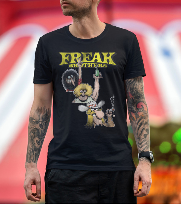 Premium T-Shirt: Freak Brothers Three Freaks Peace Cigar and Bottle T-Shirt Freak Brothers Three Freaks Peace Cigar and Bottle T-Shirt