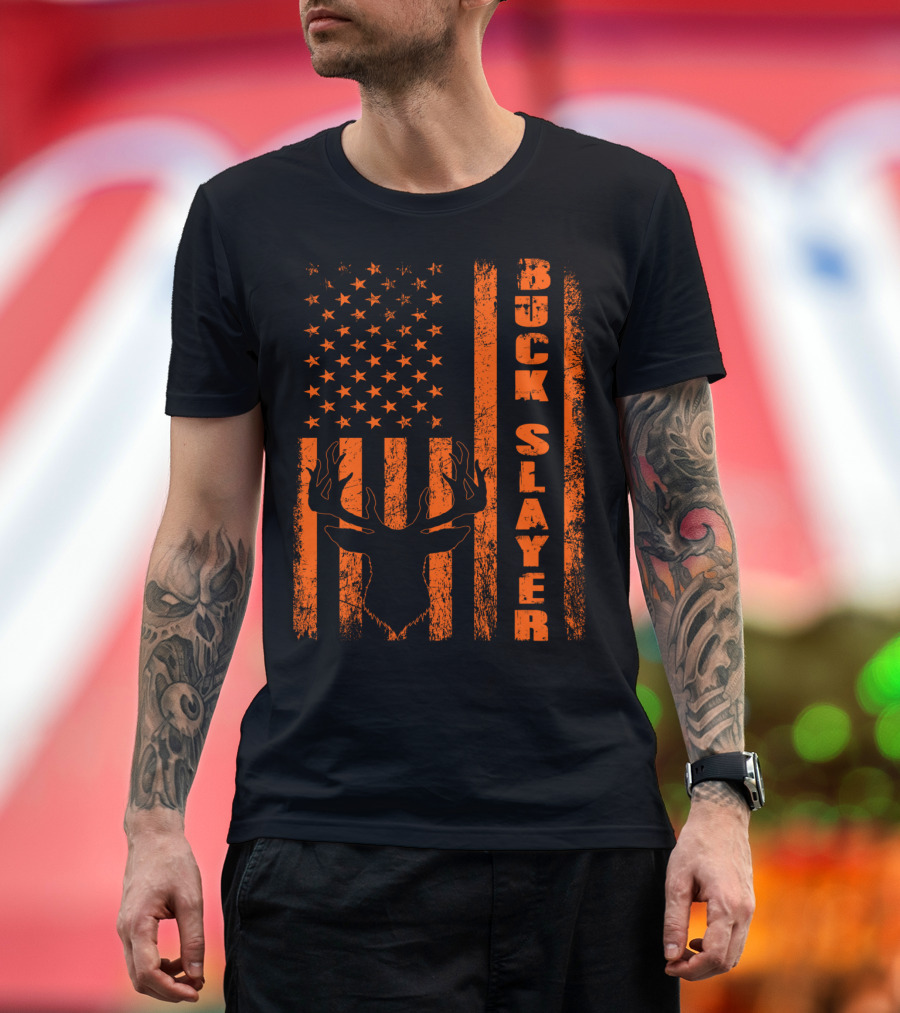 Buck Slayer Blaze Orange Deer American Flag T-Shirt