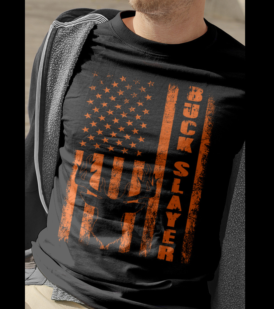 Buck Slayer Blaze Orange Deer American Flag T-Shirt