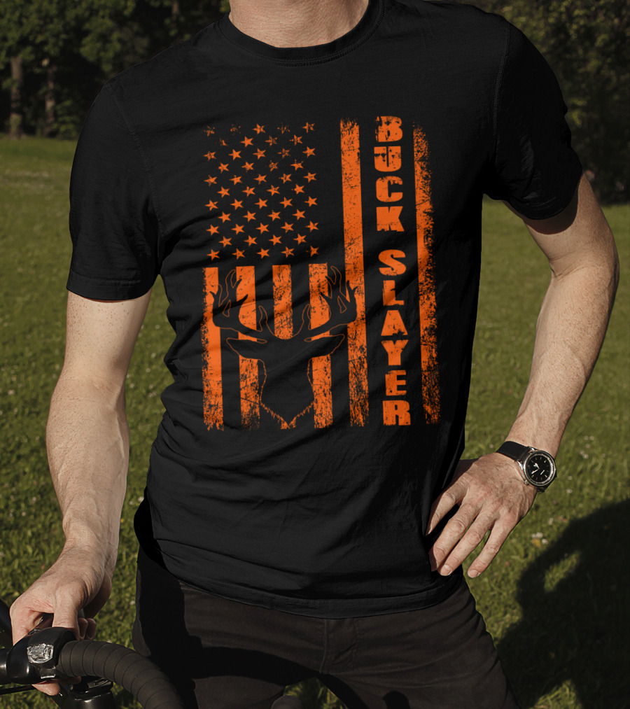 Buck Slayer Blaze Orange Deer American Flag T-Shirt