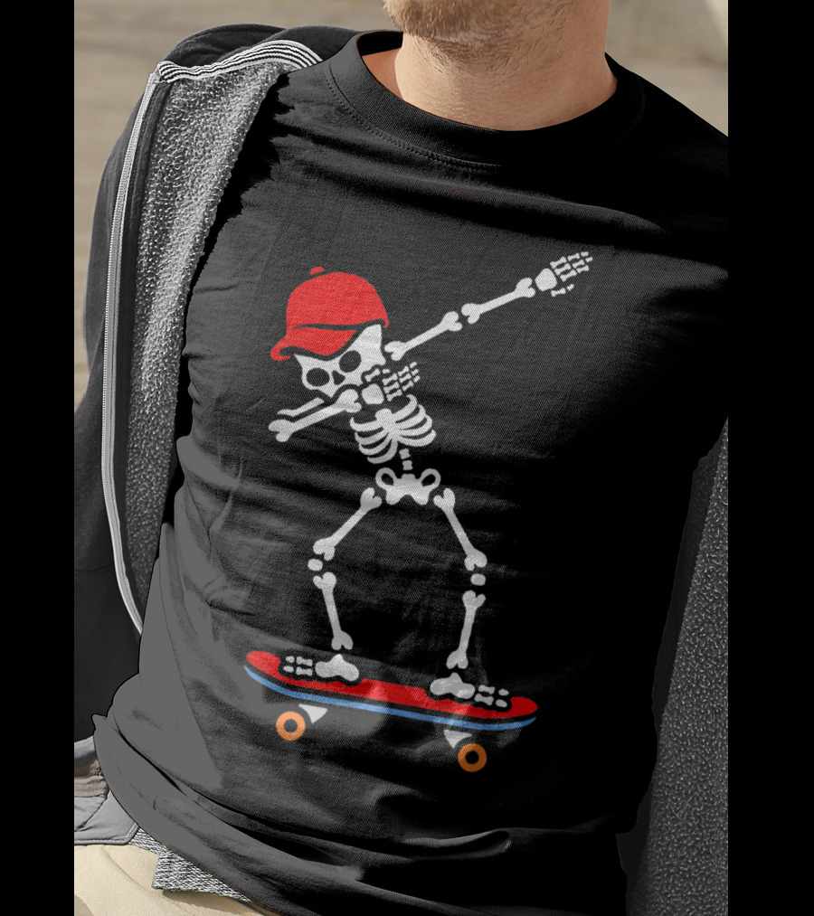 Dabbing Skeleton In Red Cap On Skateboard T-Shirt